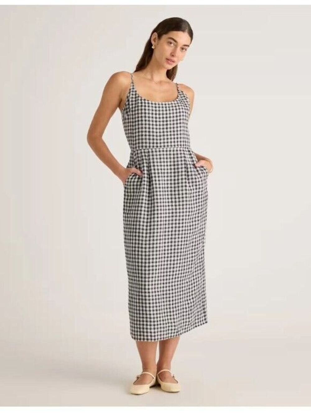 WT Quince 100% European Linen Scoop Neck Midi Dress Gingham Pockets Sz XL NWT